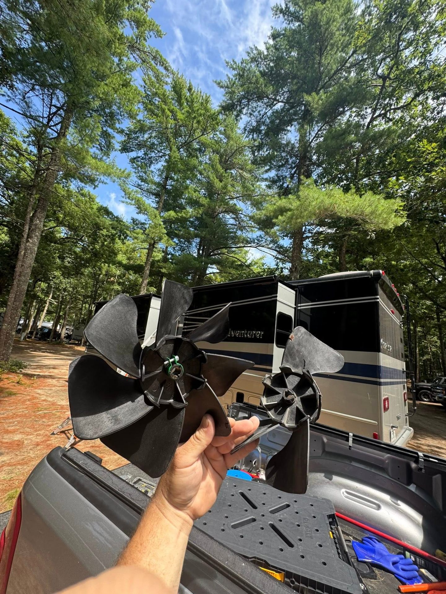 RV A/C condenser fan blades removed during deep cleaning service