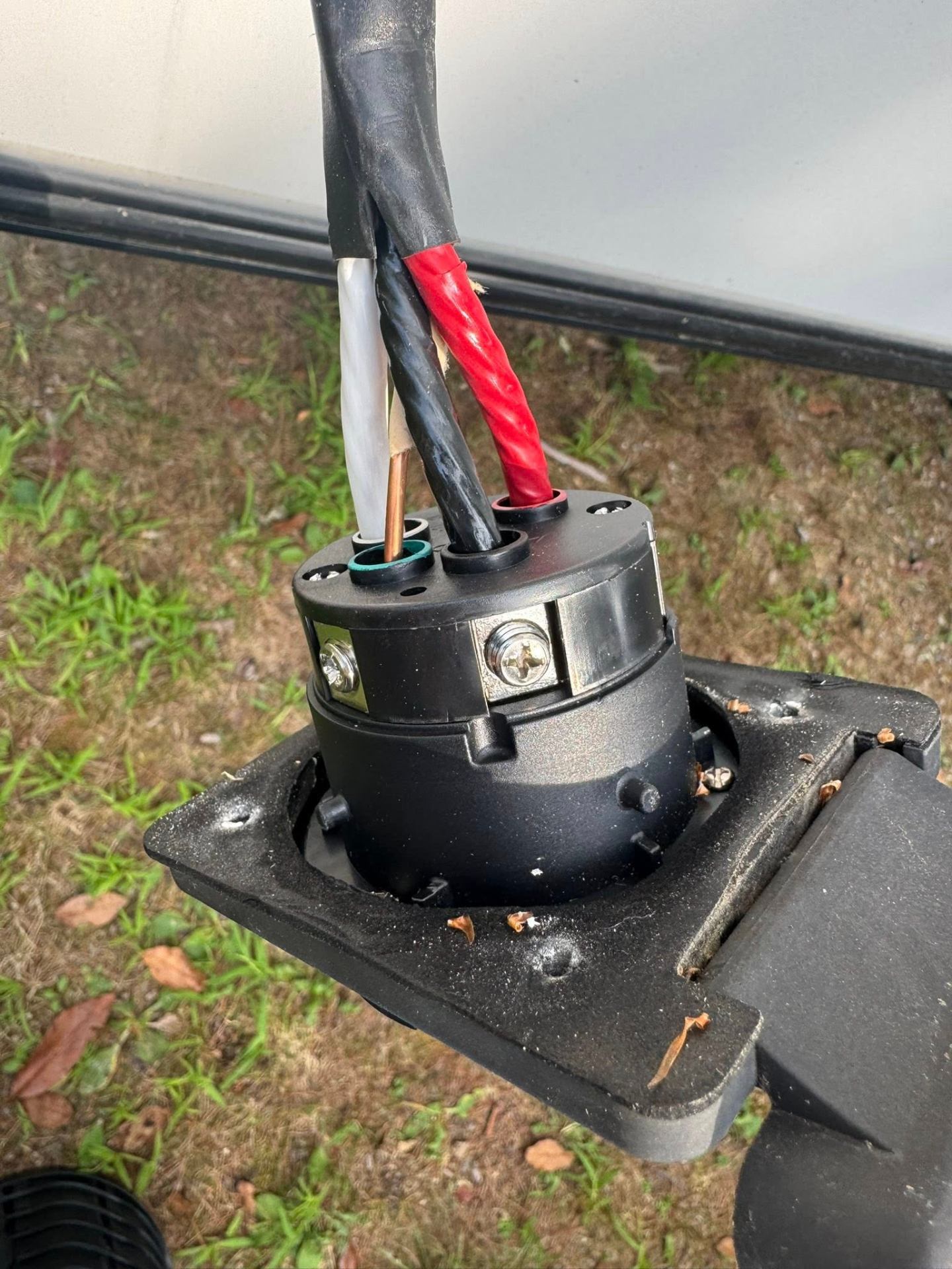 RV power pedestal connection showing wiring entering the junction box during electrical diagnostic