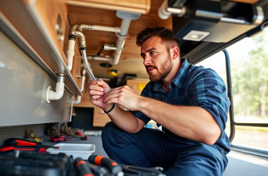 RV technician diagnosing and repairing plumbing connections inside a recreational vehicle
