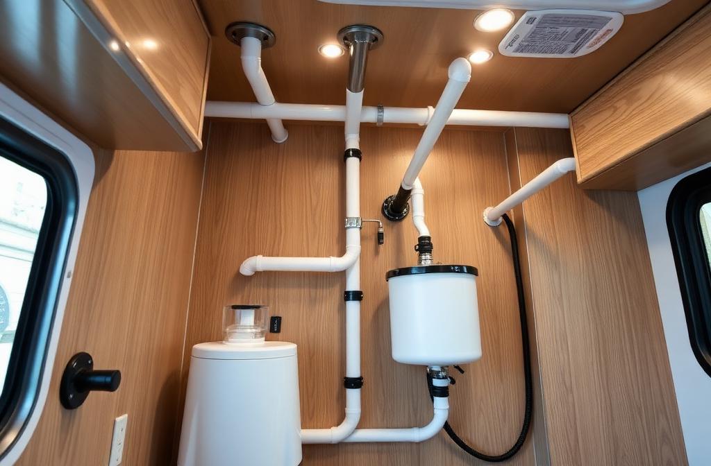 Professional PEX plumbing system installation inside an RV with accumulator tank and water filtration