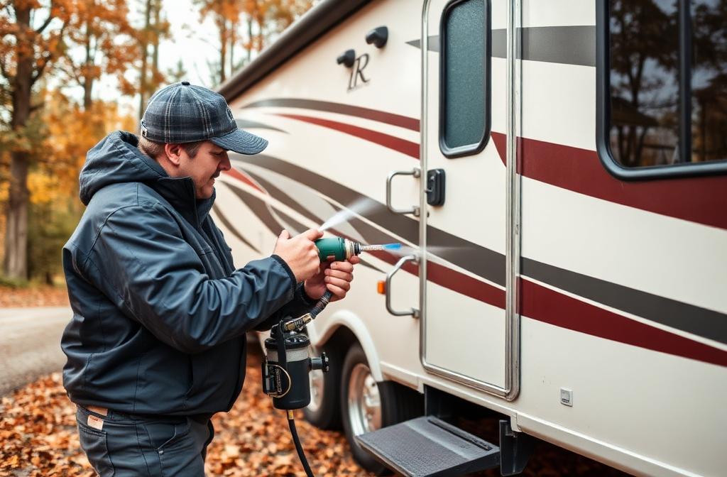 Technician performing RV winterization service, blowing out water lines with compressed air in autumn
